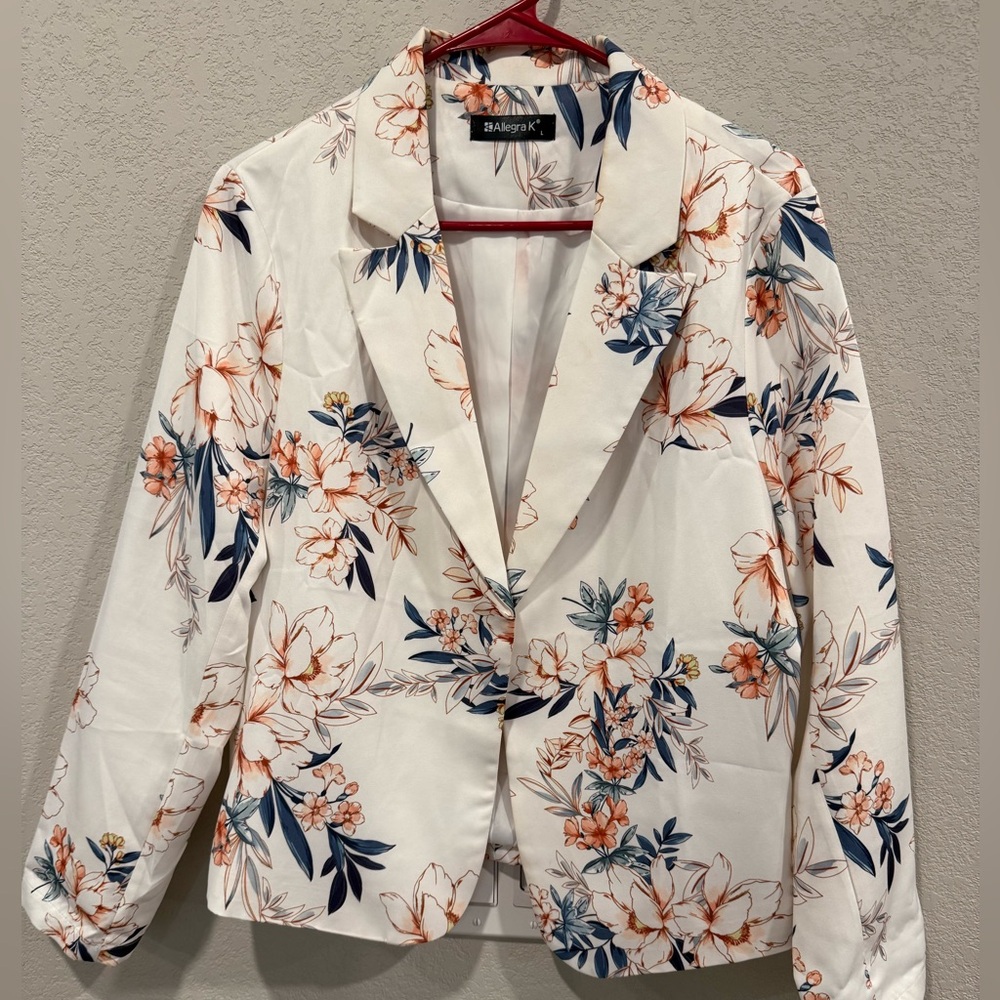 Allegra K Floral Blazer in White, Orange, and Blue